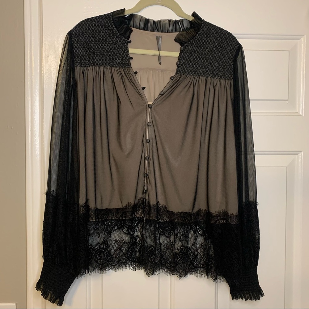 Anthropologie Sheer Lace-Trim Button Front Women's Top in Taupe and Black
